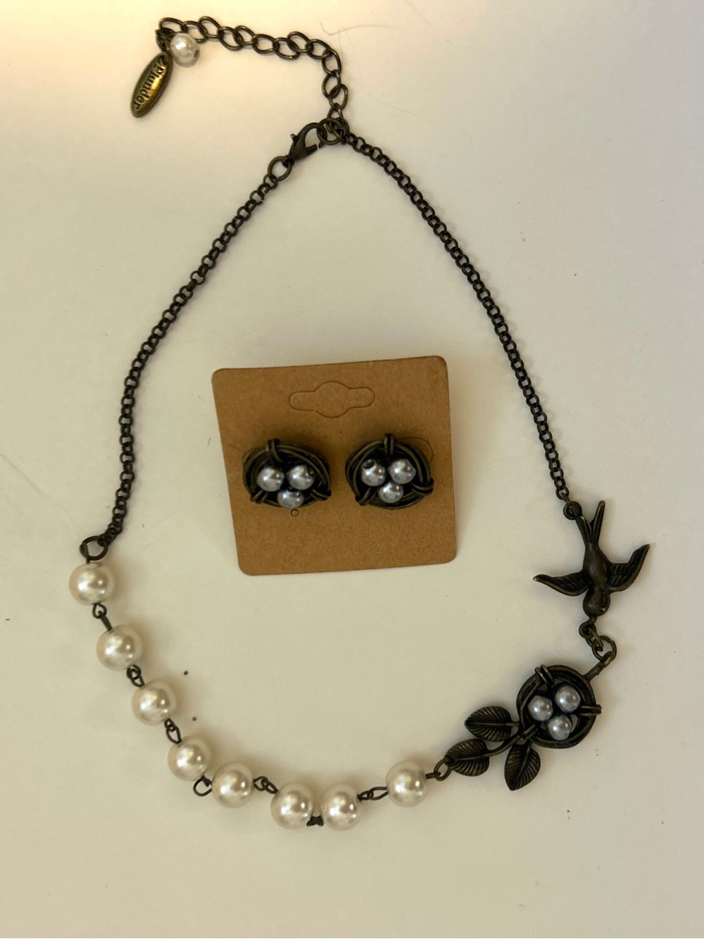 Plunder Design “Bernice” Pearl Bird & Nest Necklace w/ Matching Earrings